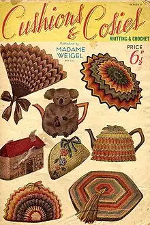 Various tea cosies pictured on a knitting patterns magazine for home crafters, from the 1930s