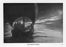 shadowy figures surrounding a glowing white figure in a boat, floating across a still body of water, all in black and white