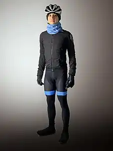 Typical winter cycling attire comprises head and neck warmers, gloves, jacket, bib tights and booties.