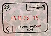 Exit stamp for air travel issued at Prague airport.