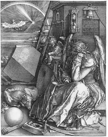 Albrecht Dürer engraving Melancholia I from 1541 seated angel contemplating figure