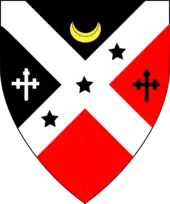 Shield representing deans court. A diagonal white cross divides the shield into four parts.