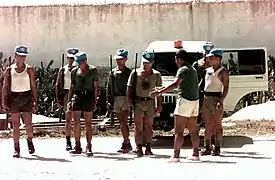 Malaysian soldiers with L1A1 rifles in their headquarters, near the airport in Mogadishu during Operation Restore Hope.