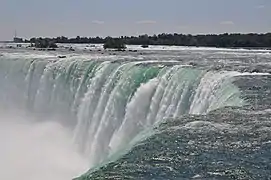 The Niagara River flows into the gorge at the falls and over thousands of years carves the gorge through the Niagara Escarpment