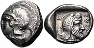 Coinage of Kherei. Circa 410-390 BC. Obv: Helmeted head of Athena. Rev: Head of Kherei, wearing Persian tiara decorated with laurel branch.