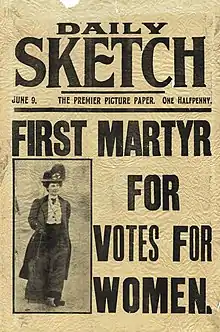 Front page of the Daily Sketch with a photograph of Davison, and the headline "First Martyr for Votes for Women"