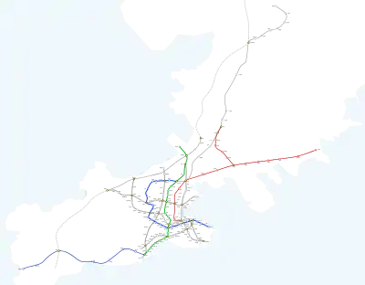 Schematic map of Dalian Metro, with color-coded lines