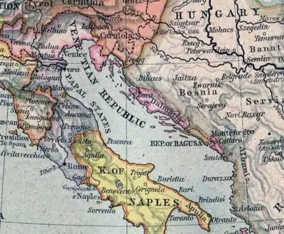 Venetian Bay of Kotor shown as the pink area south of the Republic of Ragusa