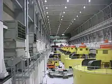 The inside of the Glen Canyon power plant, showing a row of large hydro-electric generators