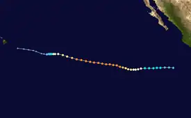 The track of a hurricane starts near the western coast of Mexico and heads westward, ultimately ending near Hawaii.