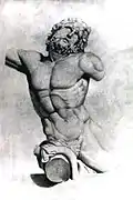 Monochrome sketch of a sculpture of a bearded nude man. The sculpture's right extremities and left arm are truncated, its left thigh fades out of the image frame. A serpentine shape covers the figure's pubic area and right thigh. The man's body faces the looker and his gaze stars up.