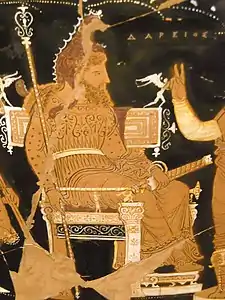 Drawing of the depiction of Darius the Great and its inscription (ΔΑΡΕΙΟΣ, top right) on the "Darius Vase"