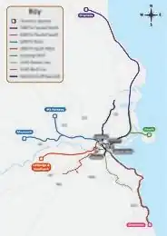 Map of the Dublin area with existing DART and LUAS services (2023), the proposed DART+ programme, and the proposed MetroLink. Terminus stations at Heuston, Connolly, Spencer Dock, and Glasnevin are shown.