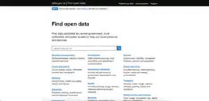 Screenshot of the data.gov.uk website homepage, with a headline 'Find open data', a search box, and three columns of the major subject areas available