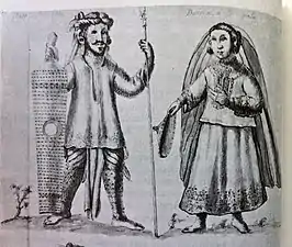 An 1668 illustration by Francisco Ignacio Alcina depicting a Visayan datu and a binukot noblewoman with a veil (alampay) and a salakot