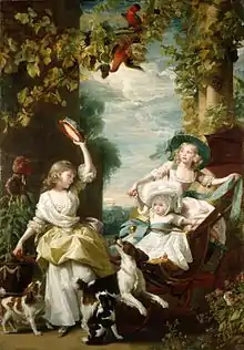 Imaginary garden scene with birds of paradise, vines laden with grapes, and architectural columns. The two young princesses and their baby sister wear fine dresses and play with three spaniels and a tambourine.