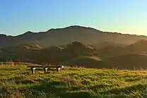 A view at dawn of a mountain peak and rolling hills covered in grass and trees