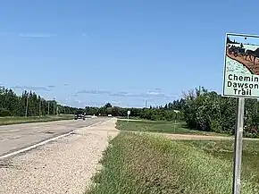 Dawson Trail marker on Provincial Road 207 in the Rural Municipality of Taché, Manitoba