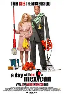 A poster featuring a white couple holding cleaning supplies. The tagline reads, "There goes the neighborhood."