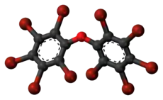 Ball-and-stick model of the decabromodiphenyl ether molecule