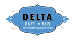 Logo of the restaurant, with the words "DELTA" at the top. Below is "Cafe" and "Bar", separated by a star. Below that again is "Southern comfort food." It is embodied in a curvy, royal shape.