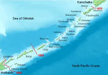 Image 40The Kuril Islands with Russian names.  Borders of Shimoda Treaty (1855) and Treaty of St. Petersburg (1875) shown in red. Currently all islands northeast of Hokkaido are administered by Russia. (from Geography of Japan)