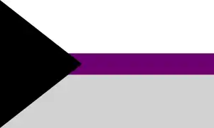 The demisexual flag, in which the black chevron represents asexuality, gray represents gray asexuality and demisexuality, white represents sexuality, and purple represents community.