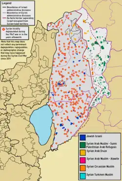 Demographic map of Quneintra Governorate (Golan Heights) overlaid with the location of the depopulated Syrian localities