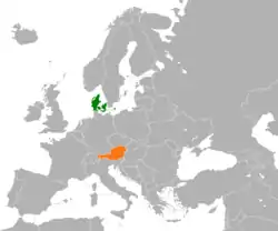 Map indicating locations of Denmark and Austria