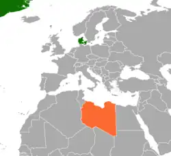 Map indicating locations of Denmark and Libya