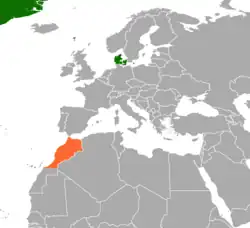 Map indicating locations of Denmark and Morocco