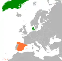 Map indicating locations of Denmark and Spain