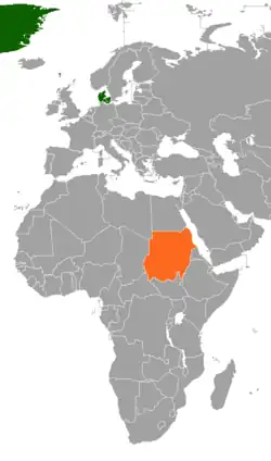 Map indicating locations of Denmark and Sudan