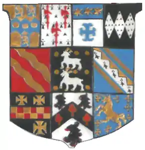 Heraldic achievement of Denys Rolle (1614–1638), Rolle Mausoleum, Bicton, with Rolle arms added as 1st quartering.