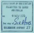 Arrival stamp Melbourne Airport - 1970