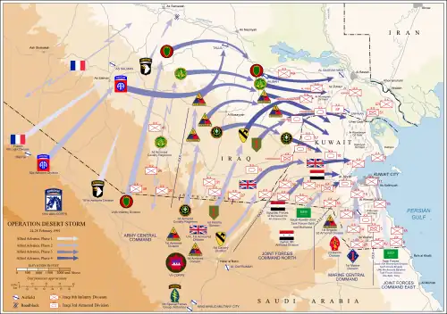 A map showing a large allied force sweeping north and then east through the desert in southern Iraq and in Kuwait