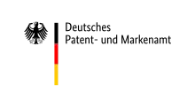 From left to right: A stylised black eagle with wings outstretched, head facing left; A vertical sequence of black (top), red and yellow (bottom) rectangles; The text "Deutsches Patent- und Markenamt"