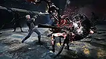 Screengrab of an image of Nero battling demons using his Red Queen sword.