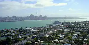 Devonport and the Waitemata Harbour from Mount Victoria. Auckland CBD in the distance.