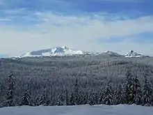 The broad slopes of Diamond Peak sit above a forest, with the steeper, yet smaller Mount Yoran volcano to its right.