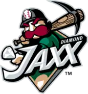 A logo depicting a miner with a pickax in place of a bat holding out a diamond as if prepared to toss it up in the air and take a swing at it