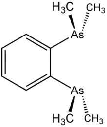 Stereo, Kekulé, skeletal formula of 1,2-bis(dimethylarsino)benzene with some implicit hydrogens shown