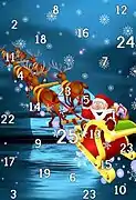 An Advent calendar featuring Santa Claus riding his sleigh