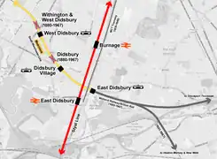 Map of Didsbury showing the locations of the old station and the tram stop