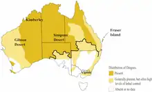 Distribution map of Australian dingoes. The black line represents the Dingo fence (after Fleming et al. 2001).