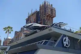 Avengers Campus(Avengers Headquarters in the foreground and Guardians of the Galaxy – Mission: Breakout! in the background in 2021)