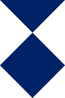 the Blue Shield is a “shield, pointed below, persaltire blue and white (a shield consisting of a royal-blue square, one of the angles of which forms the point of the shield, and of a royal-blue triangle above the square, the space on either side being taken up by a white triangle).