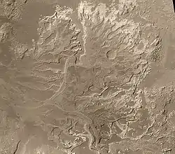 Probable delta in Eberswalde Crater that lies to the NE of Holden Crater, as seen by Mars Global Surveyor. Image in Margaritifer Sinus quadrangle.