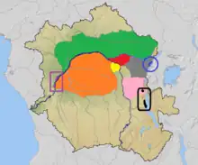 Species considered Central African red colobus are found within the ranges colored in green, red, yellow, gray, dark blue and pink