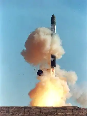 Image 56A demilitarized, commercial launch of the Russian Strategic Rocket Forces R-36 ICBM; also known by the NATO reporting name: SS-18 Satan. Upon its first fielding in the late 1960s, the SS-18 remains the single highest throw weight missile delivery system ever built. (from Nuclear weapon)